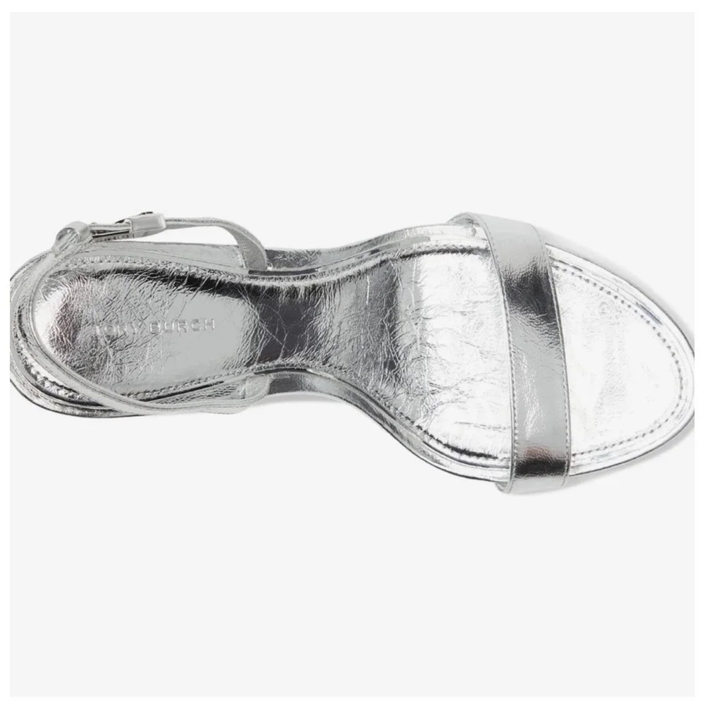 New Tory Burch Silver Metallic Leather Slingback Stiletto Sandals 8.5